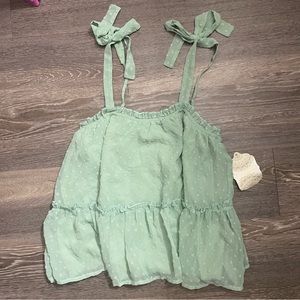 NWT Altard State Sage Swiss Dot Knot Shoulder Frill Trim Ruffle Hem Cami Top.